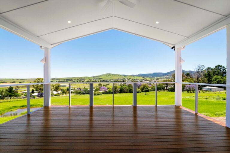 The outdoor timber deck opens the living area to the beautiful countryside of Killarney Hills, Qld.